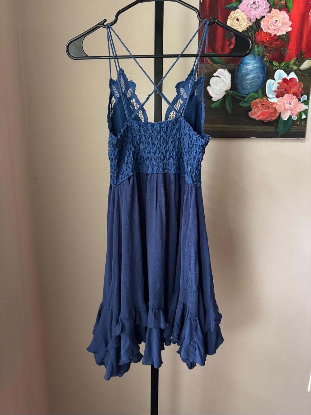 Free people navy blue Adella Lace-Trim Navy Blue Flowy Mini Dress - Picture 6 of 8